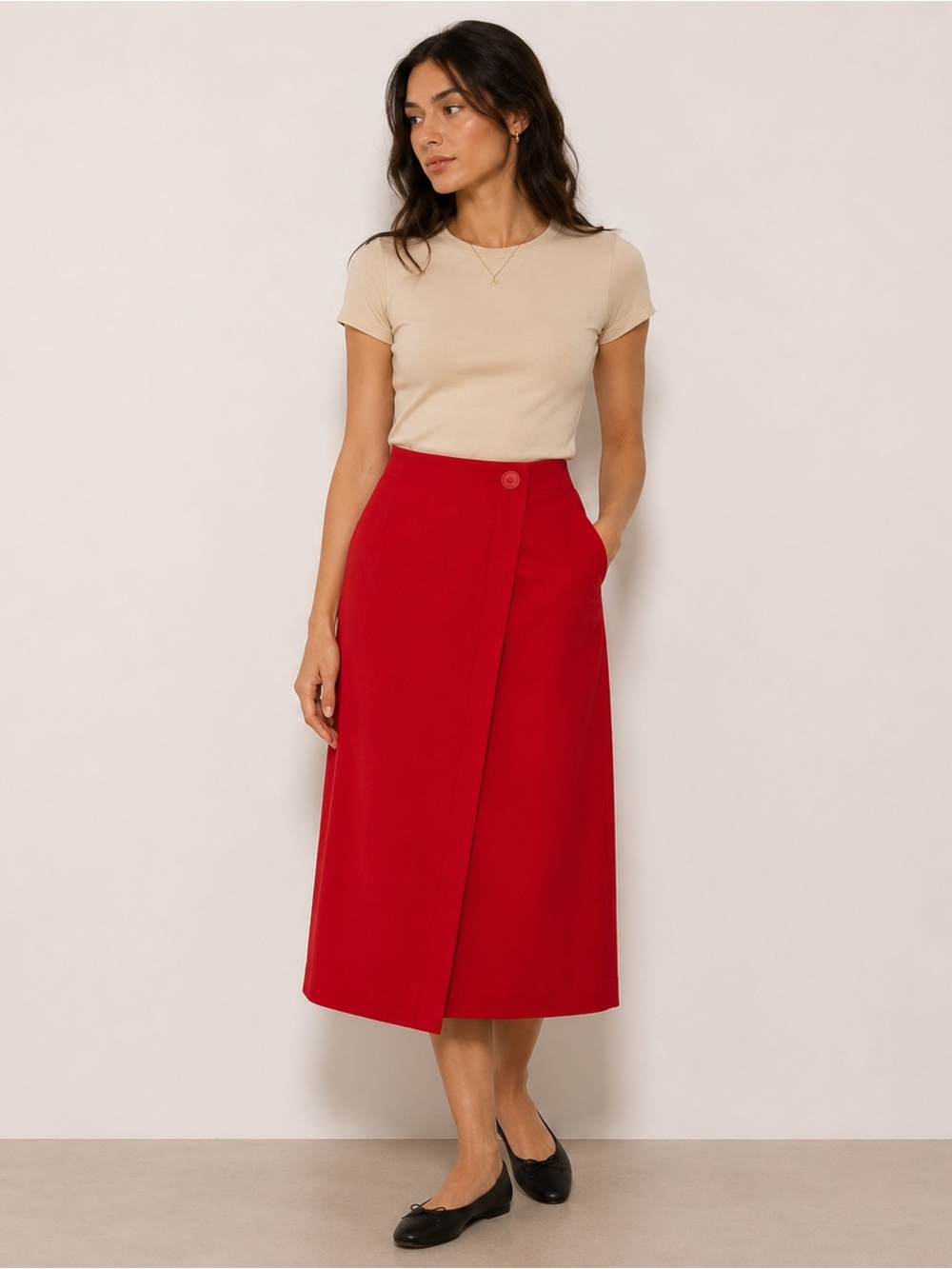 Vintage 80s Bright Red Wool Wrap Midi Skirt Union Made by Michele